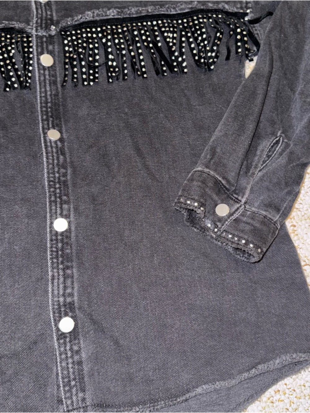 ZARA Girls Black Denim Buttun Jacket/shirt With Beaded Fringe Size 11-12 - Picture 3 of 6